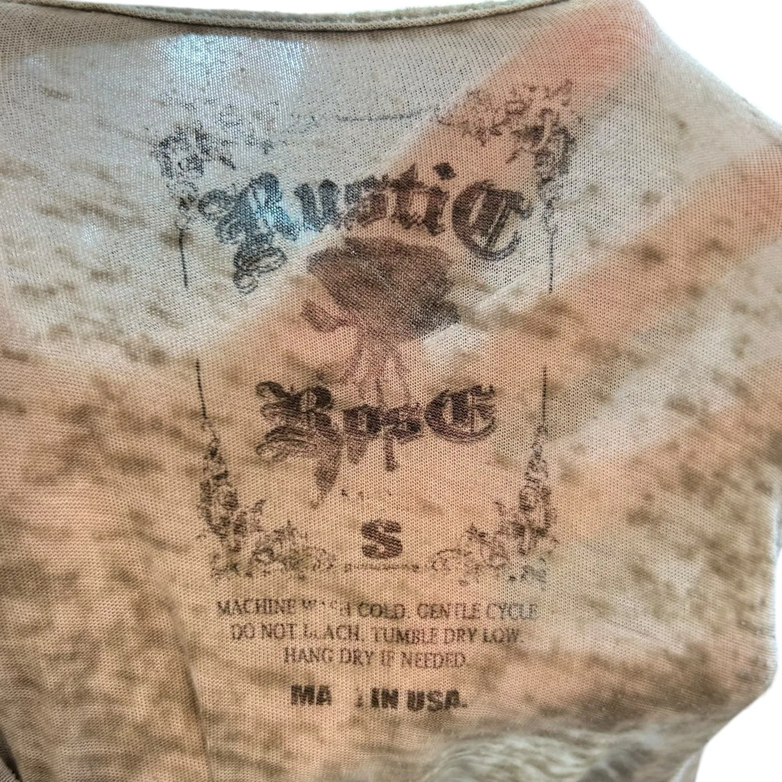 Y2K Rustic Rose Rhinestone Shirt Sheer Grunge Skater Top USA Made Sz Small - Image 7