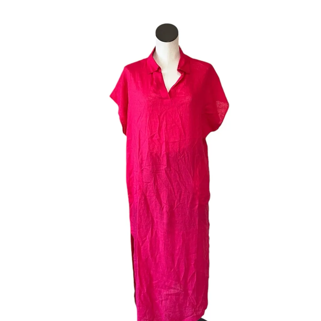NWT TAHARI  Linen Blend Midi Lagenlook Dress Pockets Pink / Red - Image 2