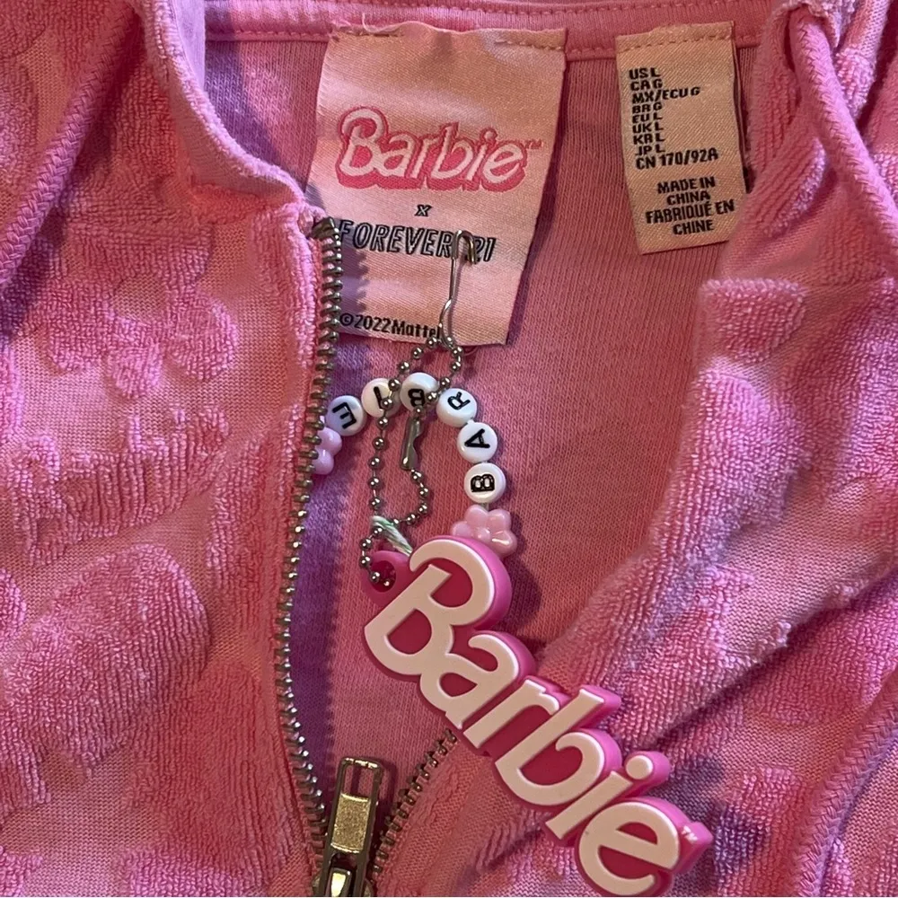 BARBIE x Forever 21 terry jacquard floral cropped full zip hoodie, pink, L, NWT Pink Size L - Image 8