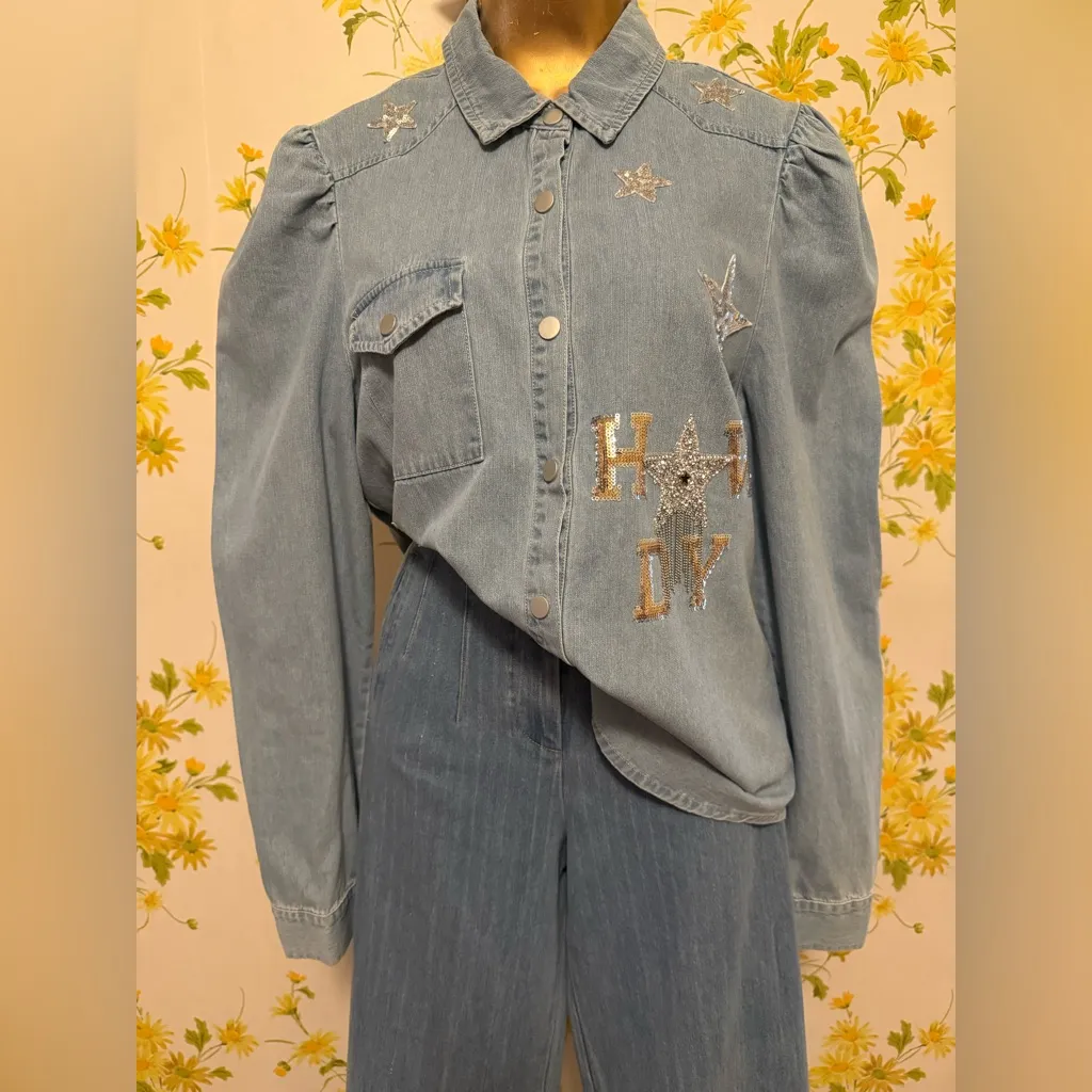 NWOT Western star Sequin button up Shirt size M Blue Size M - Image 14
