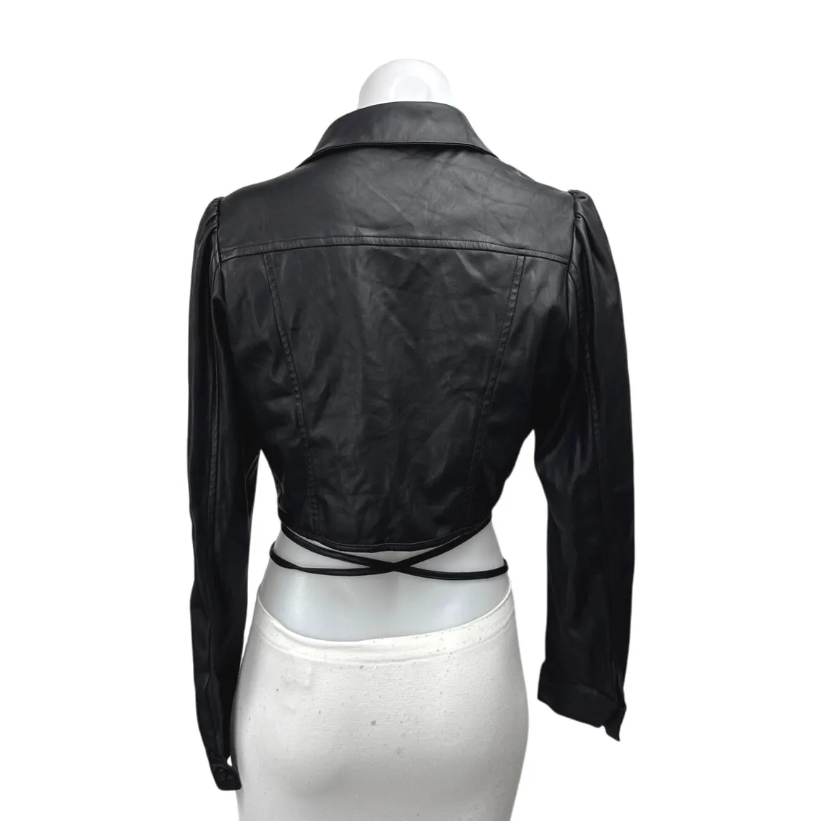 Lucy Paris Black Faux Leather Vegan Long Sleeve Tie Waist Button Up Crop Top S - Image 3