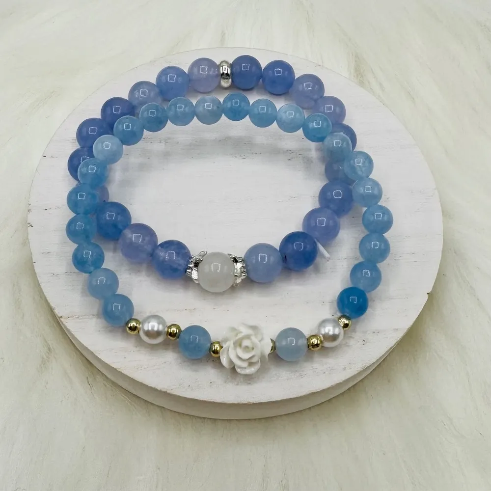 2 Piece New Natural Aquamarine Stone Beaded Bracelets. One with Camellia Charm 6 Blue - Image 4