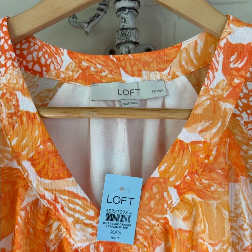 Loft seashell blouse Orange tropical lined v neck Top flutter sleeve XXS petite - Image 4