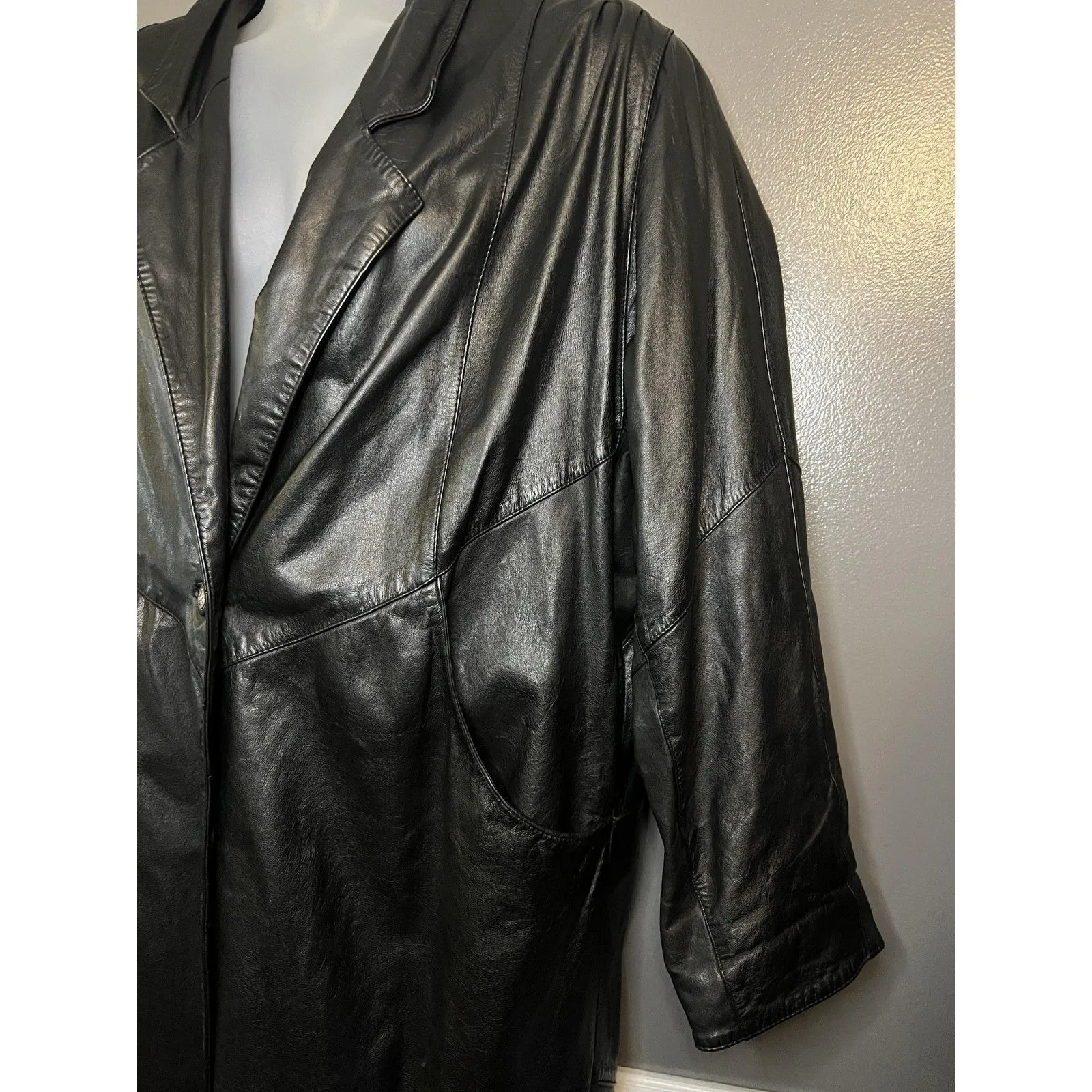 Vintage AVANTI Leather Coat Womens Medium Black Long Duster 3/4 Sleeve Lined 80s - Image 6