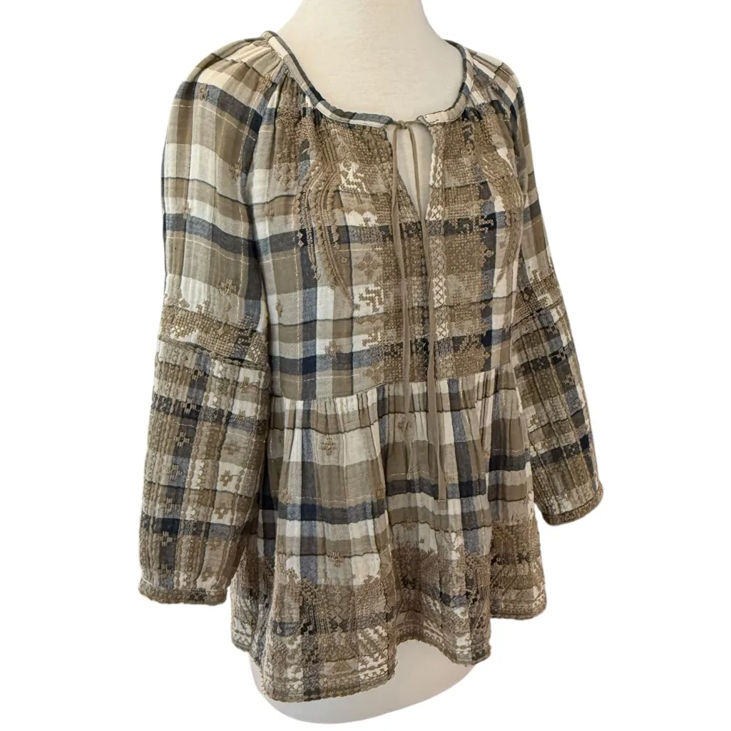 Johnny Was 3J Workshop Embroidered Plaid Tunic Blouse Boho Neutral Small - Image 2