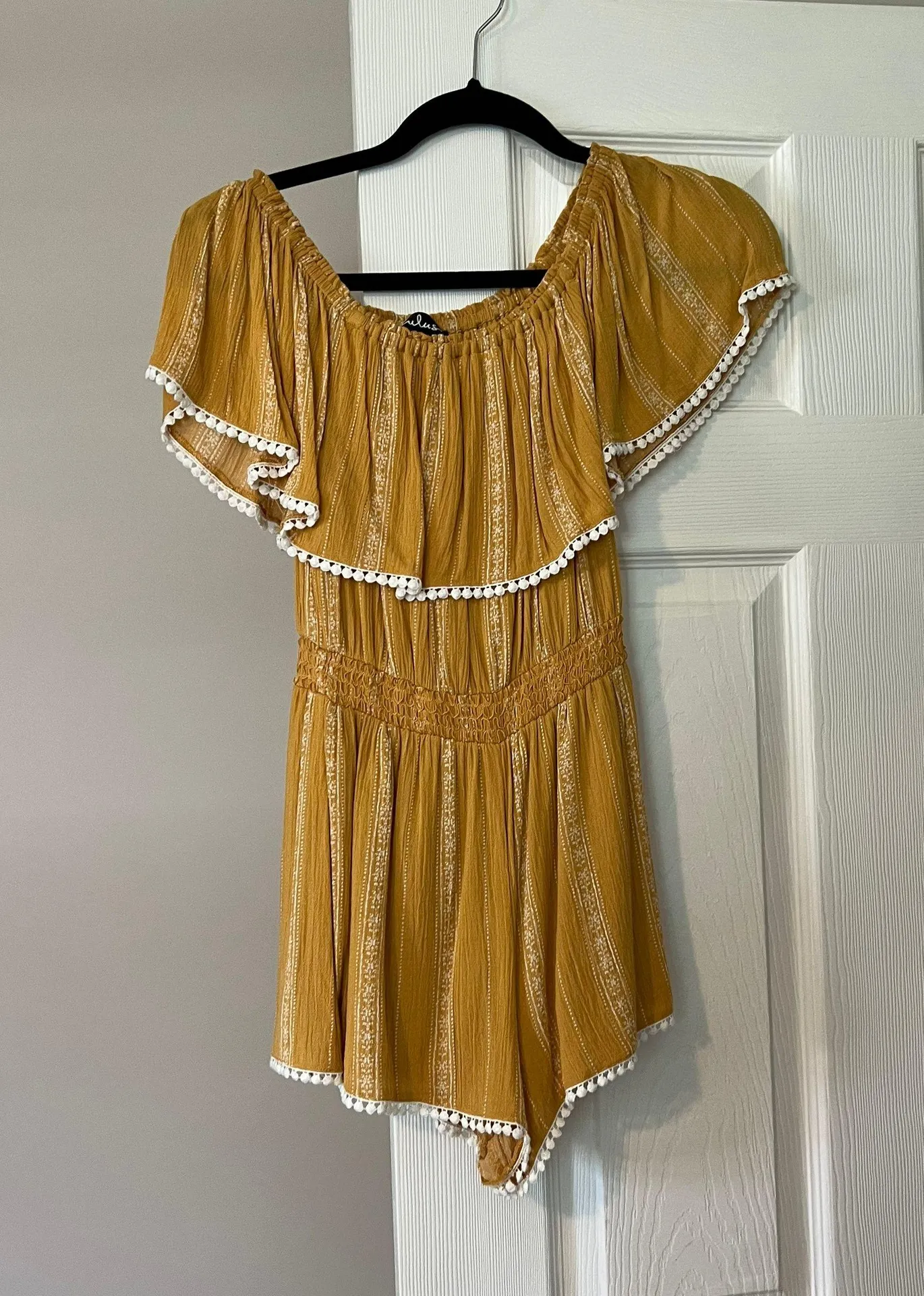 Lulus See Ya There Mustard Yellow Print Off-the-Shoulder Romper - Image 4