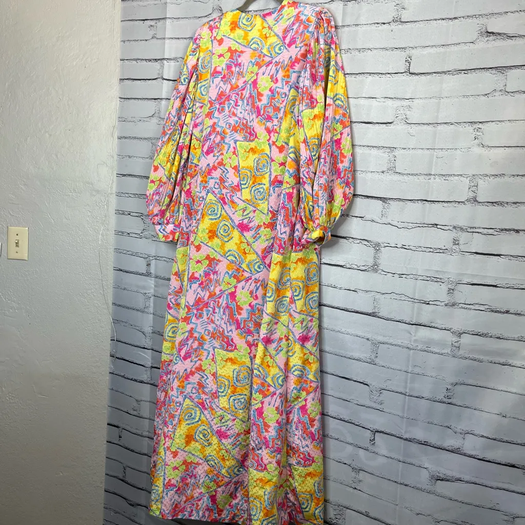 David Brown 1980s Vintage Pink Yellow Maxi Nightgown Dress 3/4 Puff Sleeve M Size M - Image 9