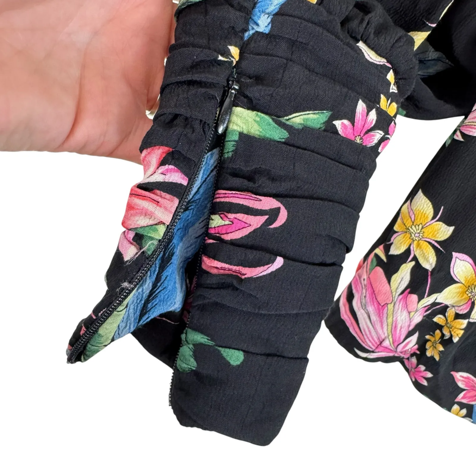 ZARA Basic Collection Black Colorful Floral Zip Up Lightweight Cropped Jacket XS - Image 6