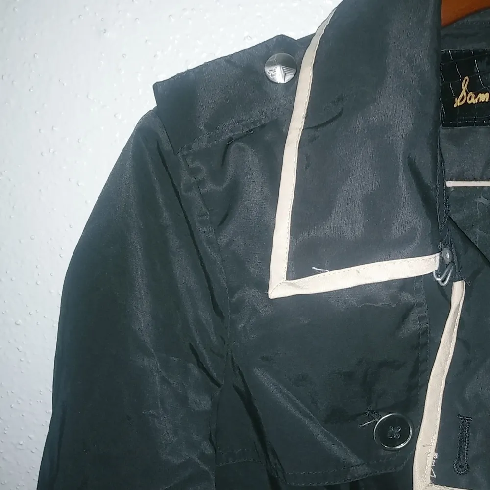 Sam Edelman M Double Breasted Mini Trench Nylon Car Coat in Black Beige - Image 10