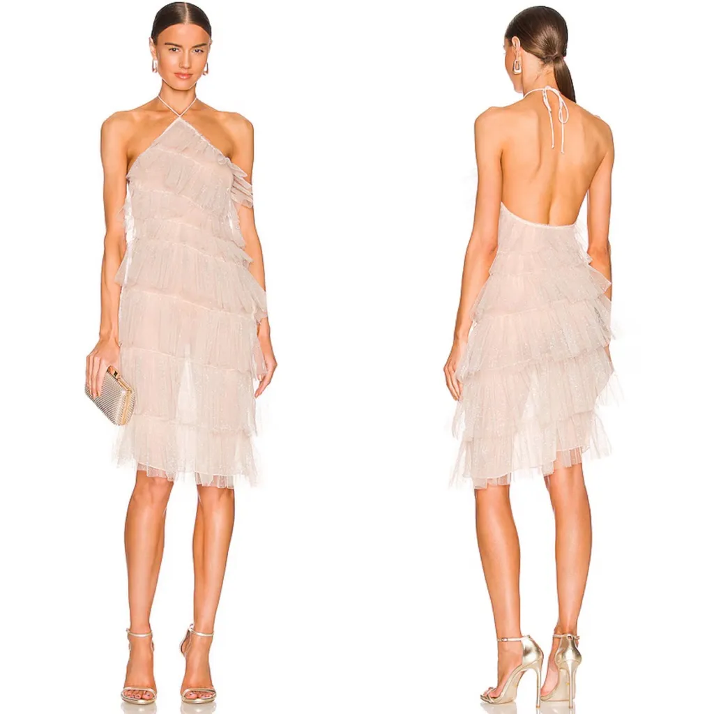 NEW NWOT The Bar Kai Tiered Tulle Halter Midi Dress In Sparkle Nude - Image 2