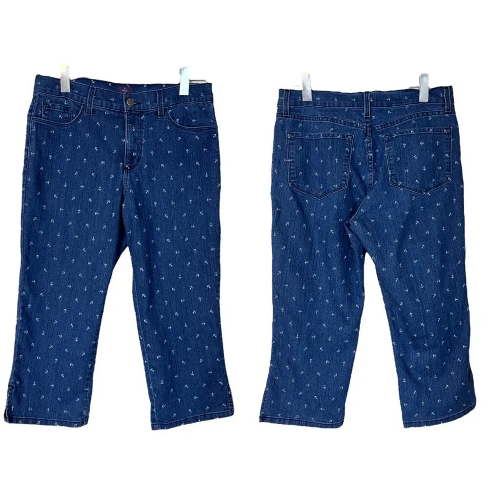 NYDJ Crop Jeans Nautical Anchor Print Mid Rise Medium Blue Wash Women’s Size 10 - Image 10