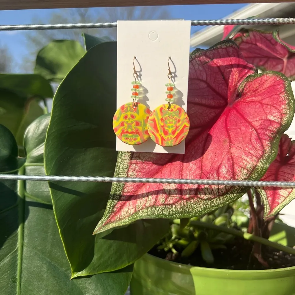 Handmade Polymer Clay Earrings with Beads Green Orange Coral Pink - Image 3