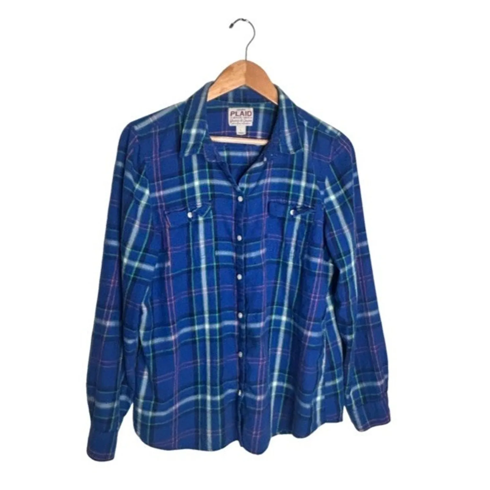 Old Navy PLAID Button Up Size Large Blue Green Pink Soft Lightweight Casual - Image 8