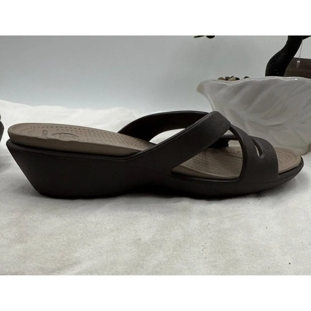 Crocs Size 10 Womens Brown & Beige Slip-On Wedge Sandals Criss-Cross Straps - Image 8