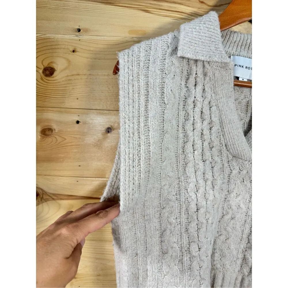 Pink Rose Women's Size Medium Beige Cable Knit Sweater Vest V-Neck Sleeveless - Image 4