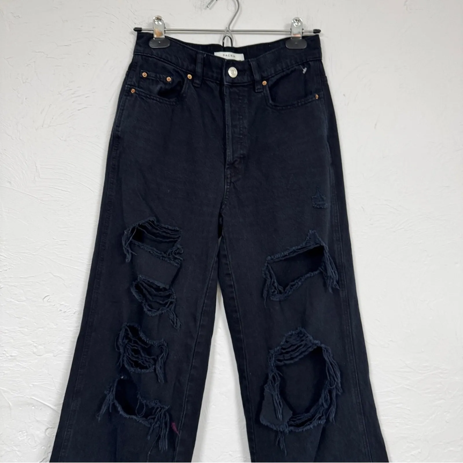 Pacsun Black Distressed Baggy Jeans Womens 25 Button Fly Casual Wide Leg Denim - Image 3
