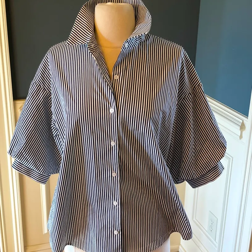 Avara English Factory Molly Top Black White Striped Collared Balloon Sleeve New - Image 2