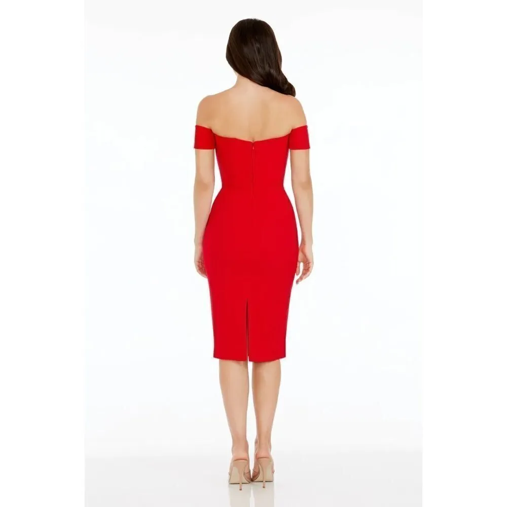 DRESS THE POPULATION Bailey Off the Shoulder Body-Con Dress in Rouge X-Small - Image 2