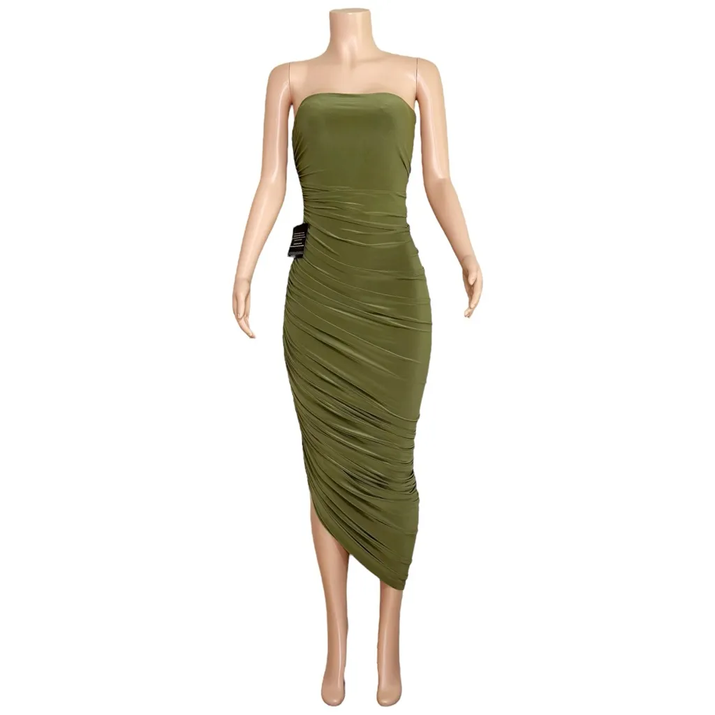 NORMA KAMALI Strapless Diana Ruched Stretch Jersey Midi Dress, Military, XS - Image 7