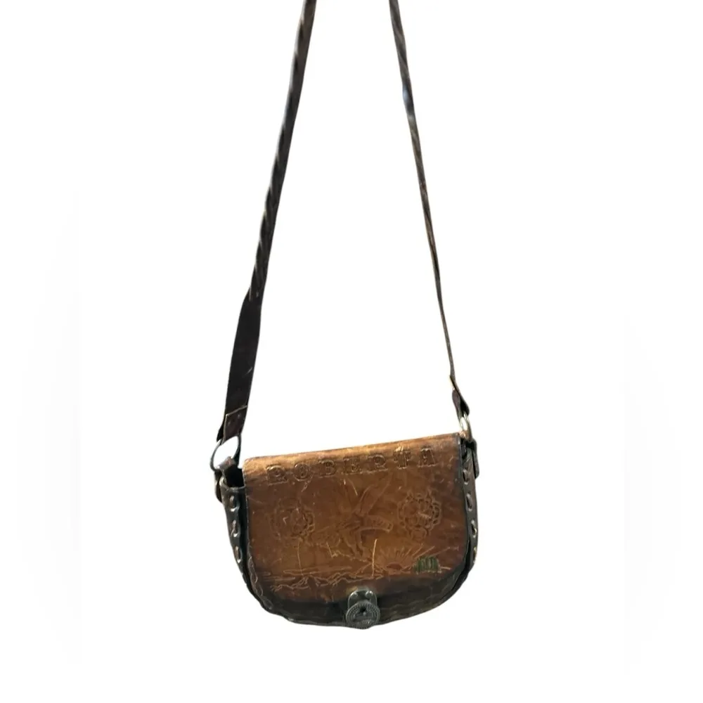 Roberta Vintage Brown Tooled Leather Saddle Bag Purse Floral Design Brown - Image 15