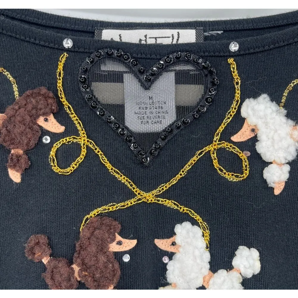 Vtg Mary McFadden Women's Black Poodle Embroidered Beaded Blouse Sz M Dog Lover Size M - Image 2