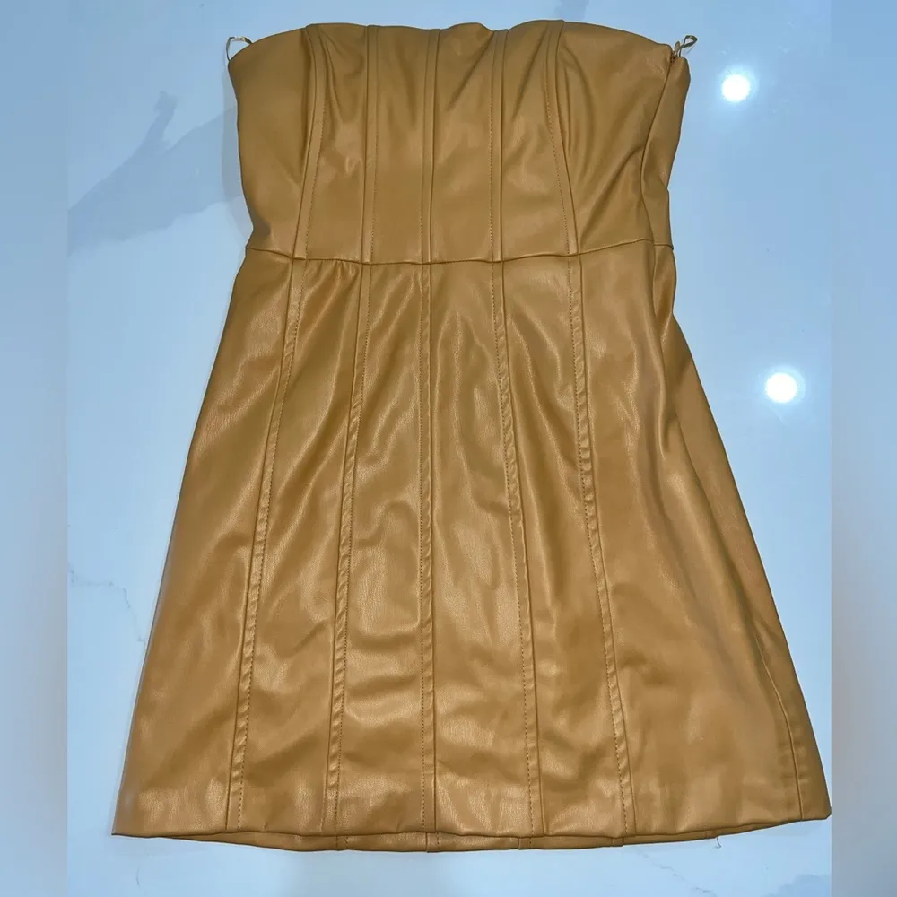 Zara Blogger Fav Caramel Color Faux Leather Strapless Mini Dress - Image 7