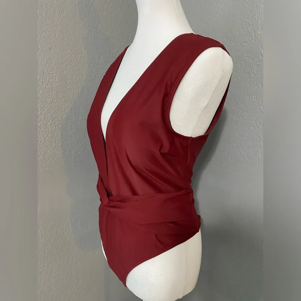 Cupshe Swimsuit 1 piece Wild Romance Plunging Open Back Tummy Control Burgundy - Image 8