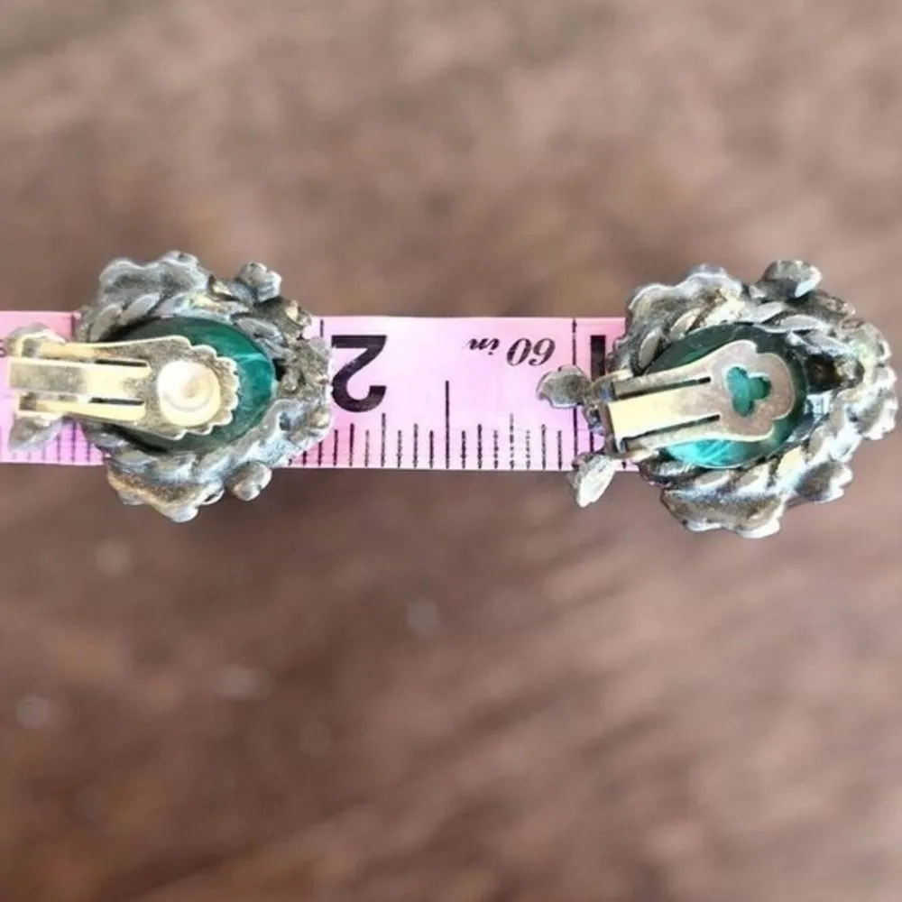 80s Vintage Womens Silver Tone Emerald Green Leafy Garden Clip On Earrings Retro Gray - Image 6