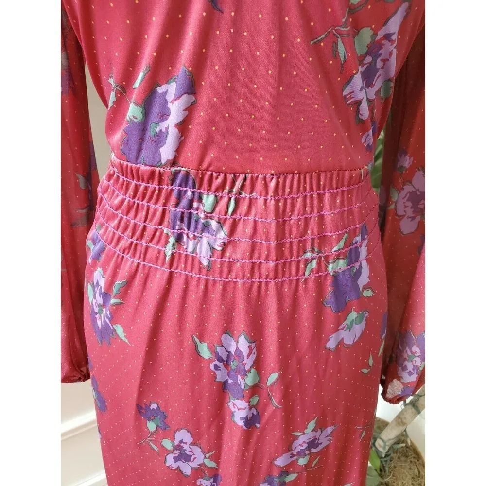 Burgundy Floral Collared Vintage Casual Dress Red Size undefined - Image 3