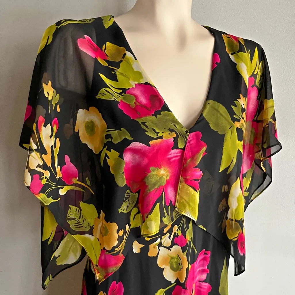 Vicky Tiel Black Floral Chiffon Midi Dress Sheer Overlay Flutter Sleeve M Pink Size M - Image 9
