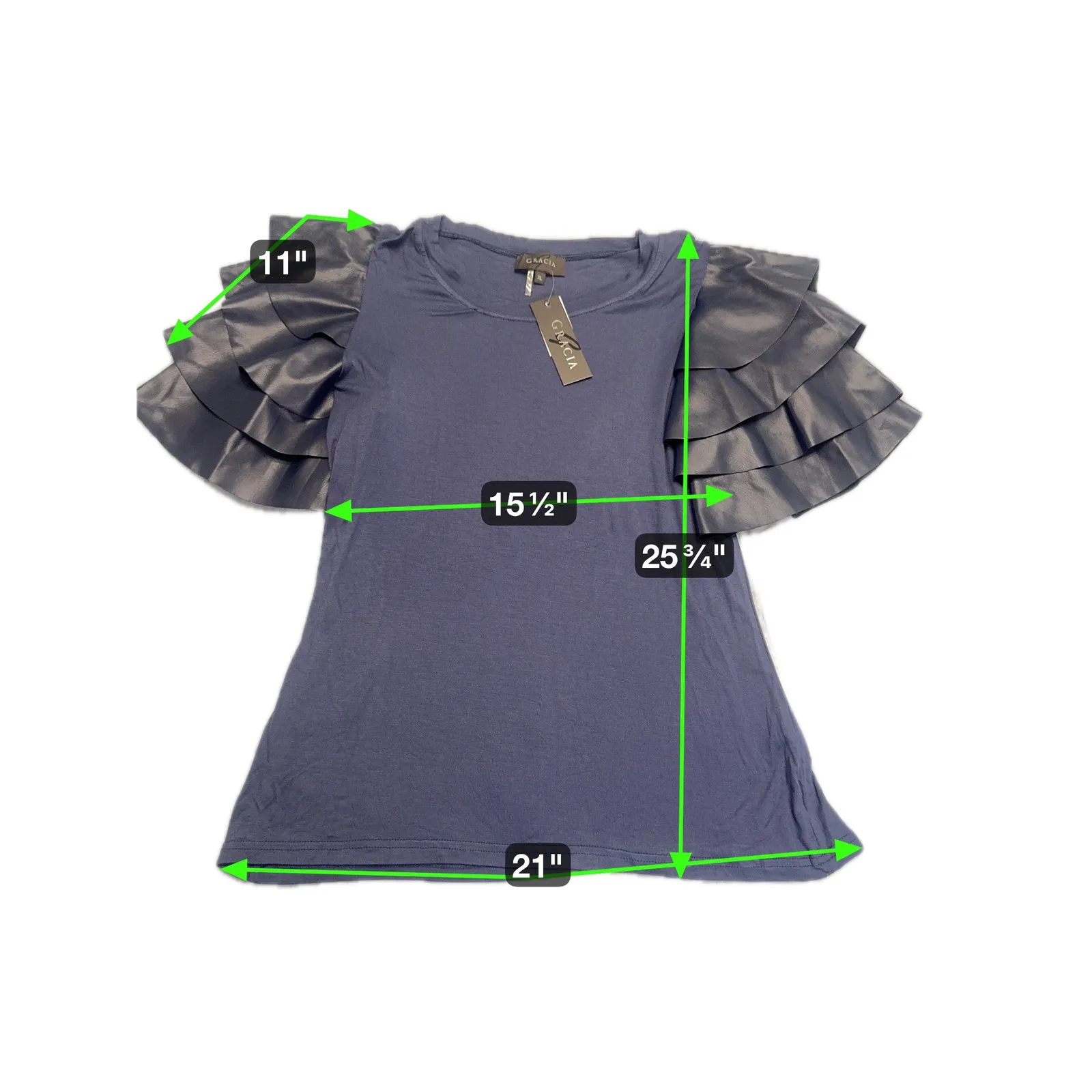 Gracia Top Navy Blue Faux Leather Ruffle Sleeve Crew Neck Short‎ Sleeve XL - Image 3