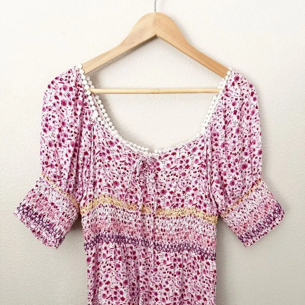 SISTER | Pink White Yellow Trim Puff Off Shoulder Sleeves Smocked Tie | Large - Image 2