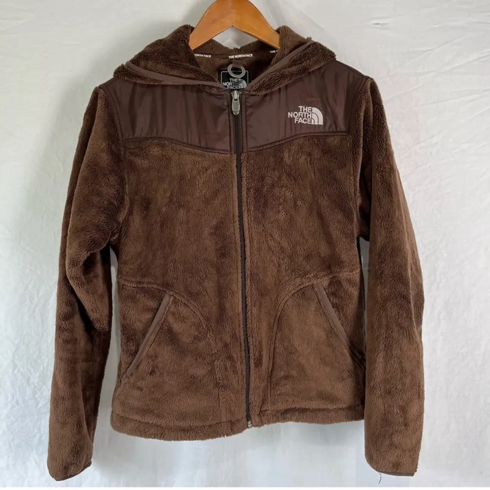 North Face women's medium brown hooded zip up fleece with zip pockets soft cozy - Image 2