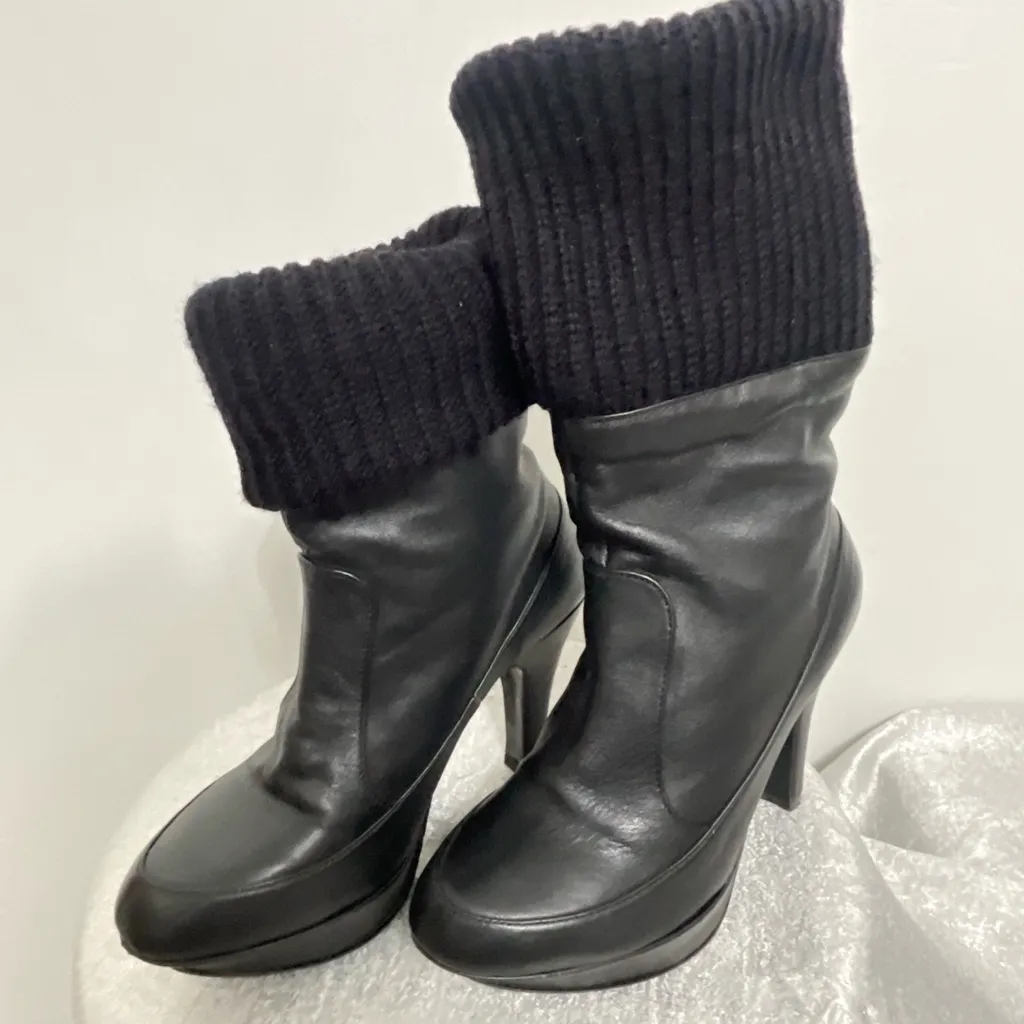 Ramiro Olivares Black Leather Knit Cuff High Heel Booties Size 5US - Image 3
