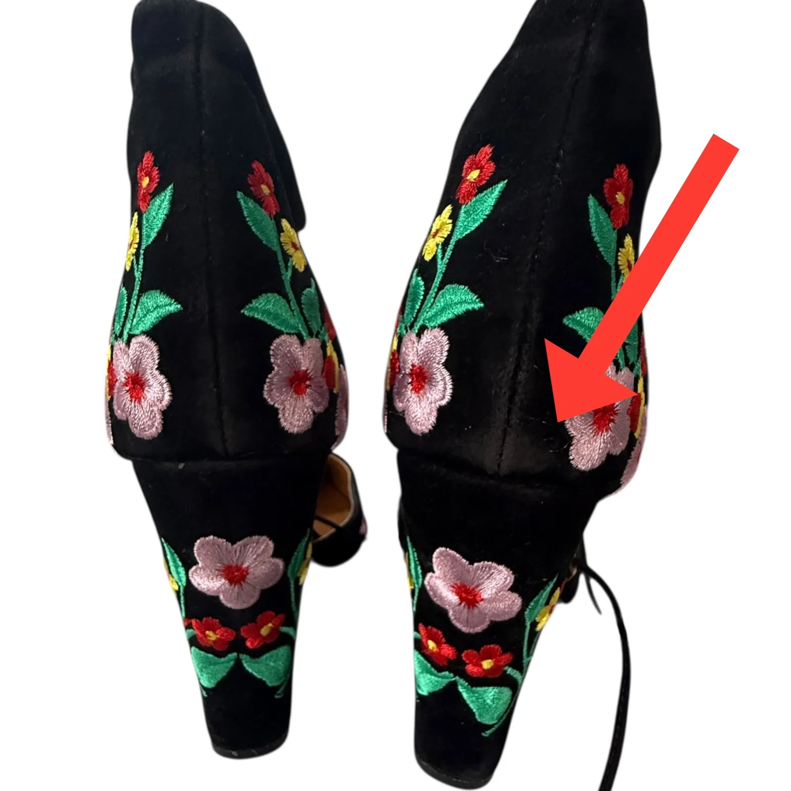 Shoe República LA Black Embroidered Floral‎ Pointed Toe Heels Tustin 9 Lace Up - Image 4