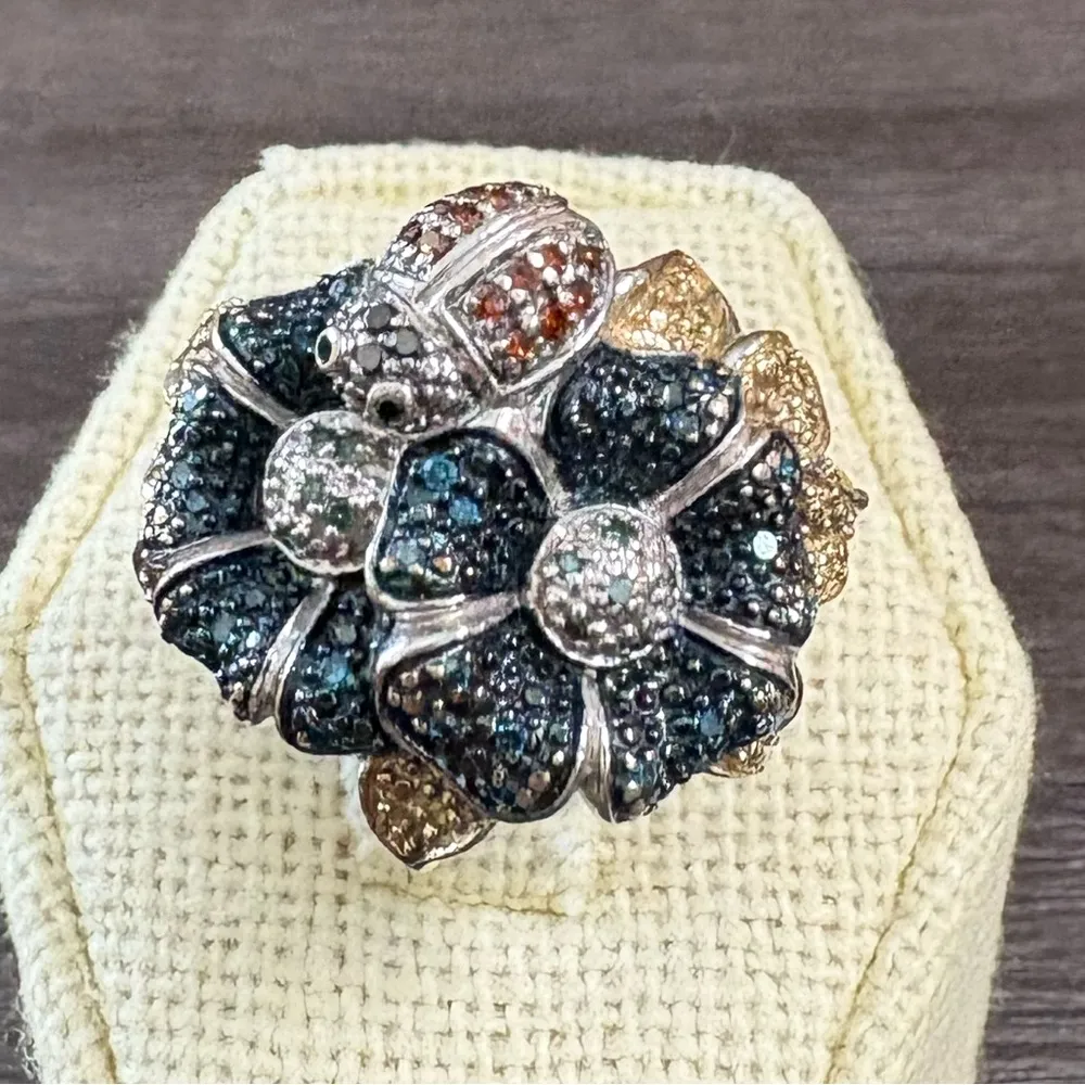 Affinity Diamond Ladybug Sterling Pave Flower Ring Silver - Image 4