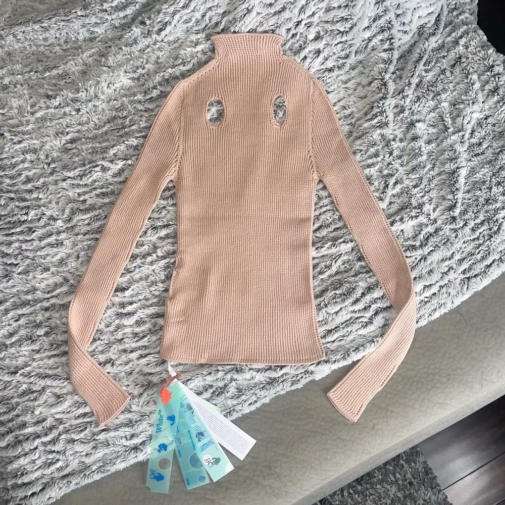 OFF-WHITE Holy Cutout Ribbed Long Sleeve Mock Neck Sweater In Nude - Image 9