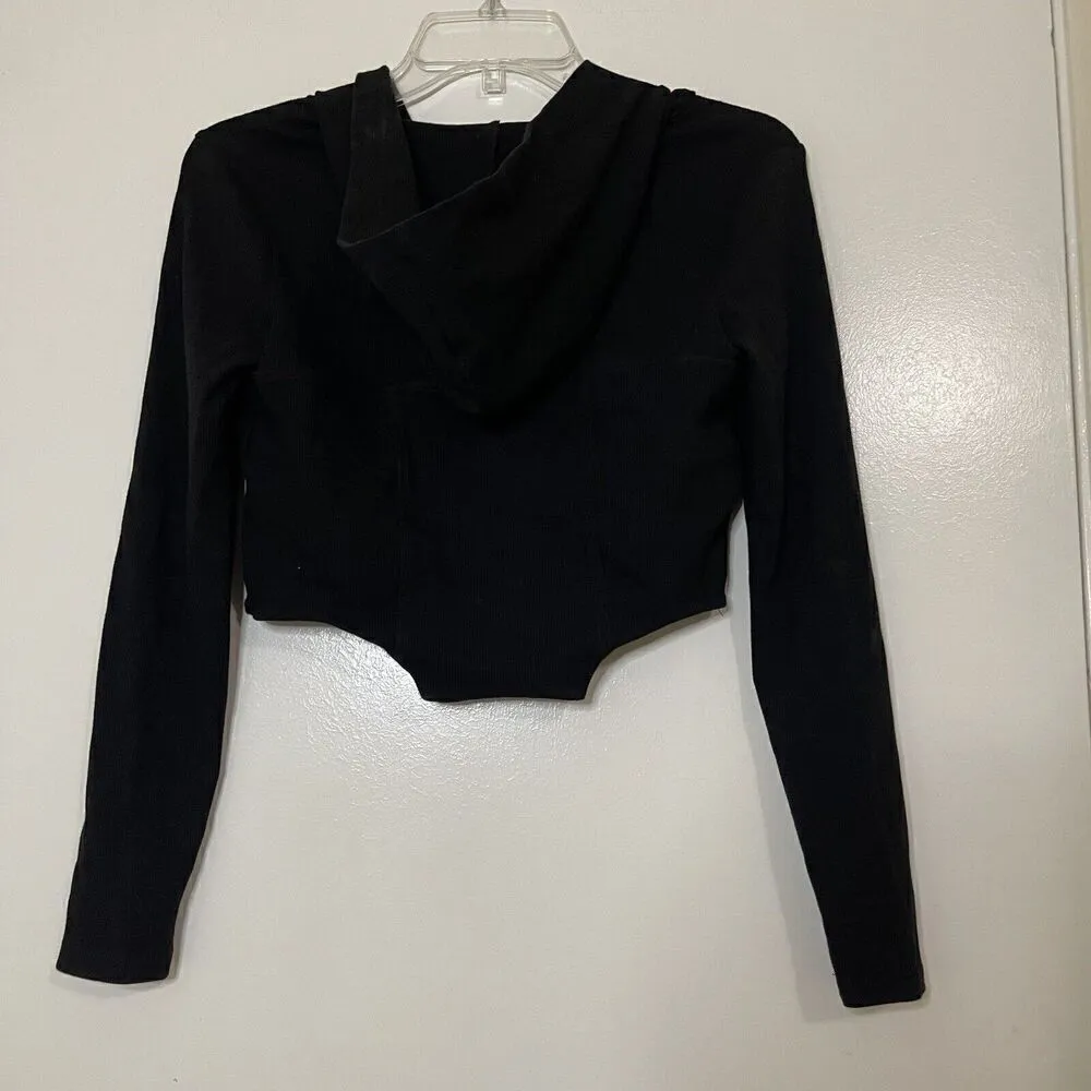 ANTHROPOLOGIE full zip ribbed black hoodie sweater size small - Image 5