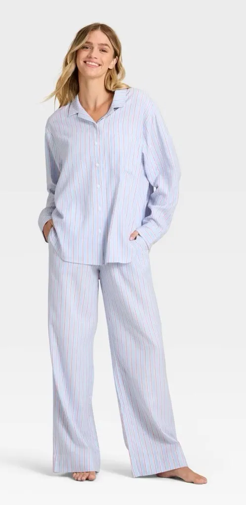 Flannel nwt Long Sleeve Button Down Shirt Pants Pajama Set Blue/Red Stripe XXL - Image 1