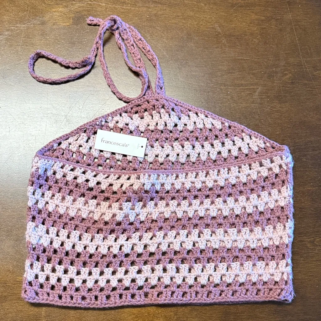 NWT Francesca's Mi Ami Crochet Halter Top Open Knit Medium Pink - Image 2