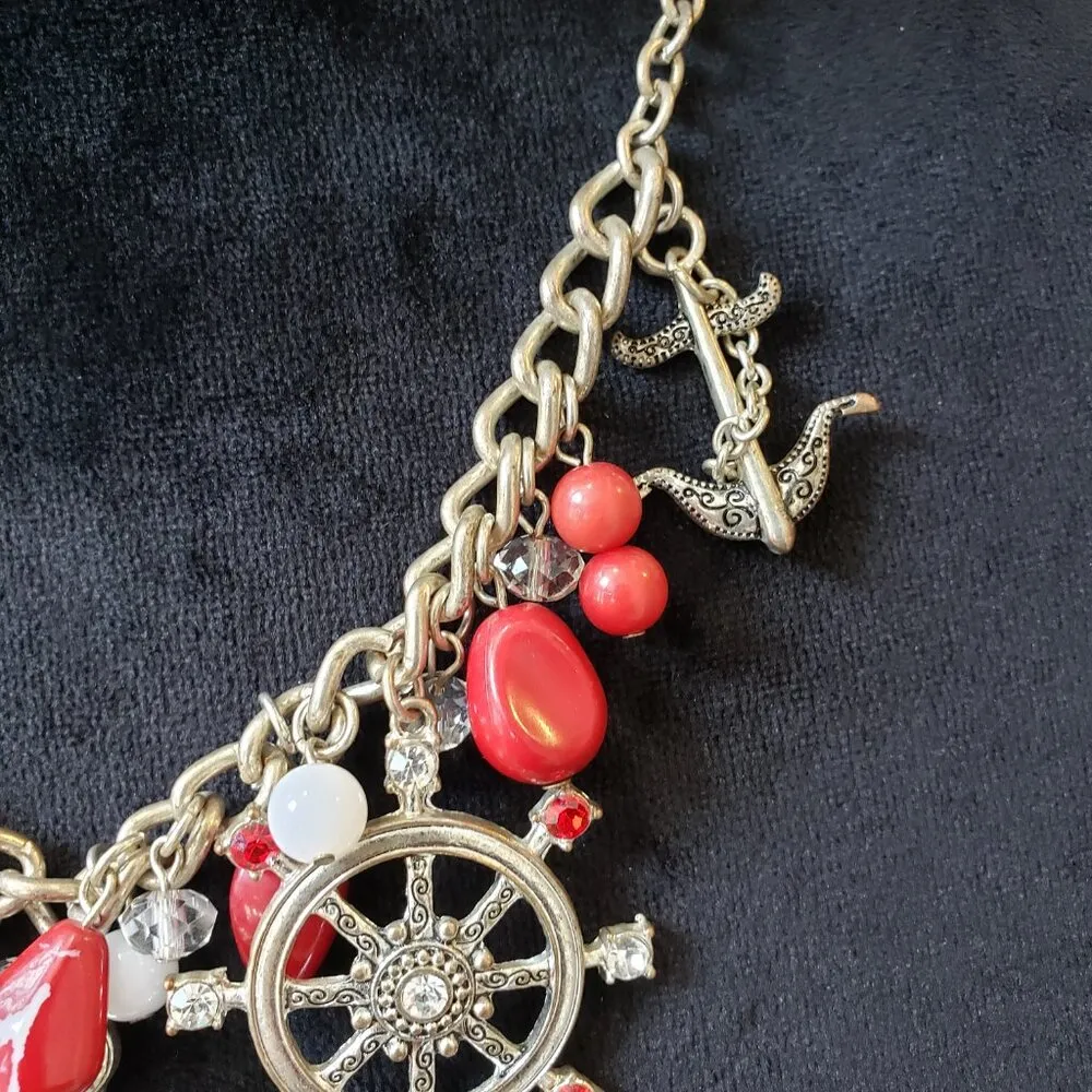 Womens Gold Ton Red Crystal Nautical Mermaid Anchor Wheel Necklace w/ Lobster - Image 4