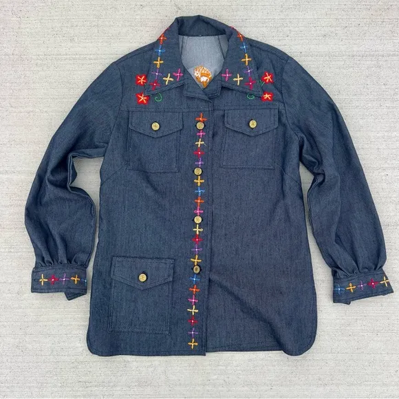 60s Handmade Embroidered Daisy Chain Mushy Mod MCM Selvedge Denim Shirt Jacket Blue Size M - Image 1