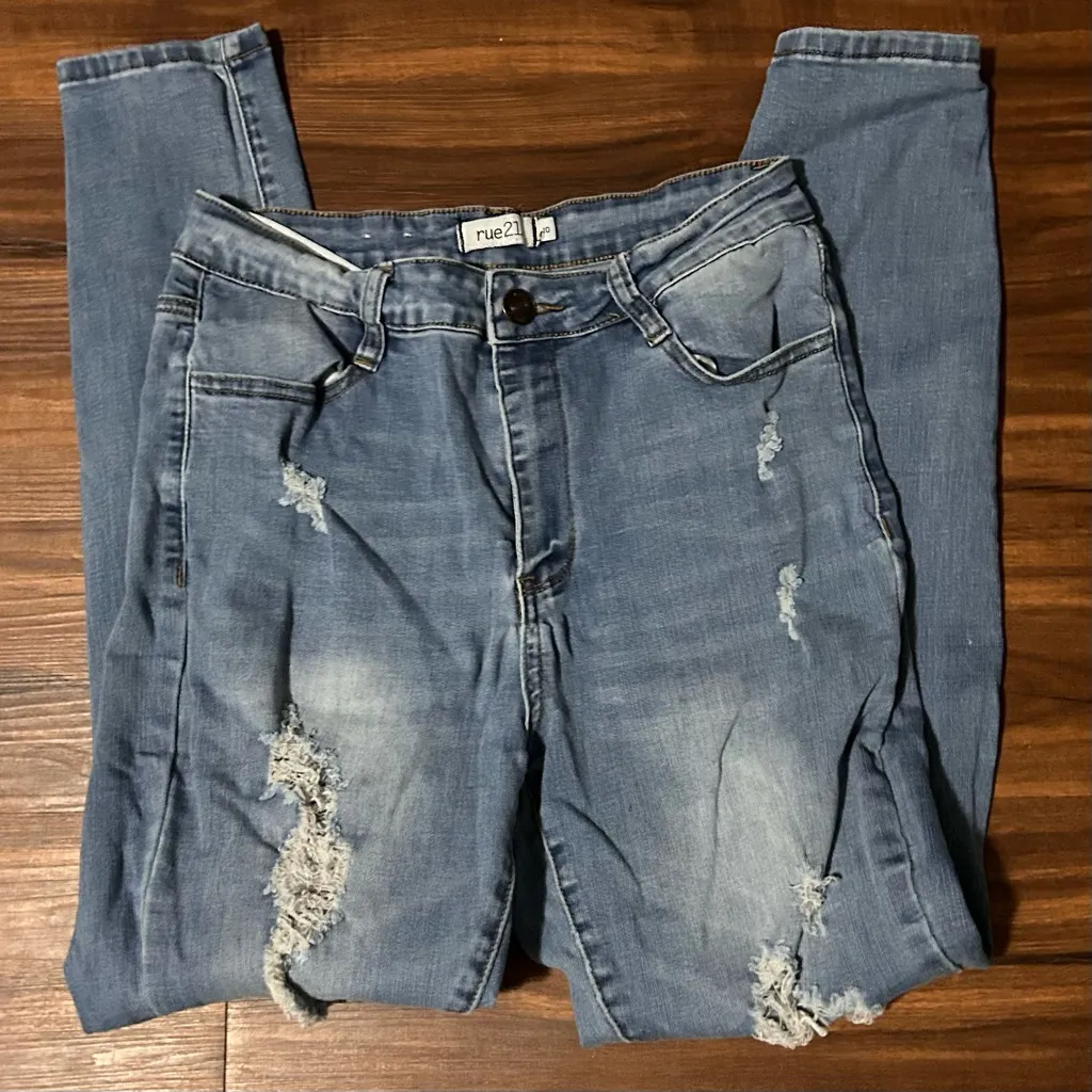 Rue21 High Waisted Stretchy Light Wash Distressed Skinny Jeans | Size: 10 - Image 2