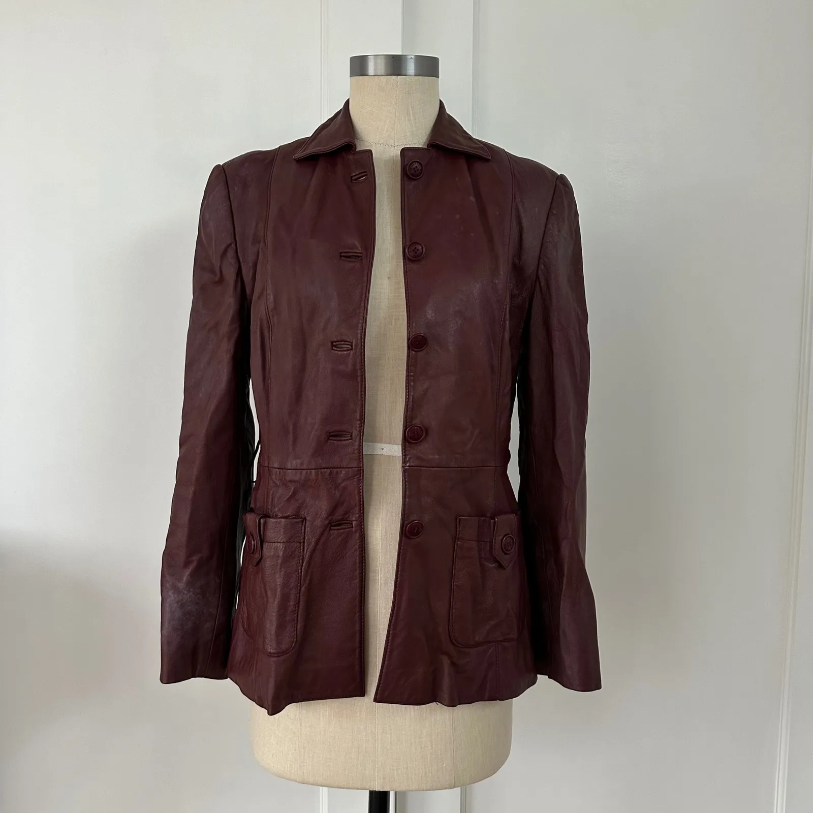 Kinaff Burgundy Leather Blazer Jacket XS Front Button Pockets Tailored Brown - Image 12