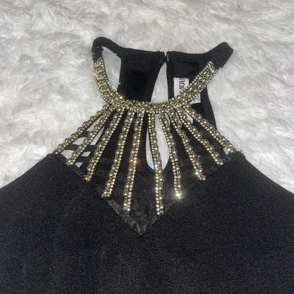 Almost Famous black halter dress gold beaded neck cocktail party holiday Medium - Image 6