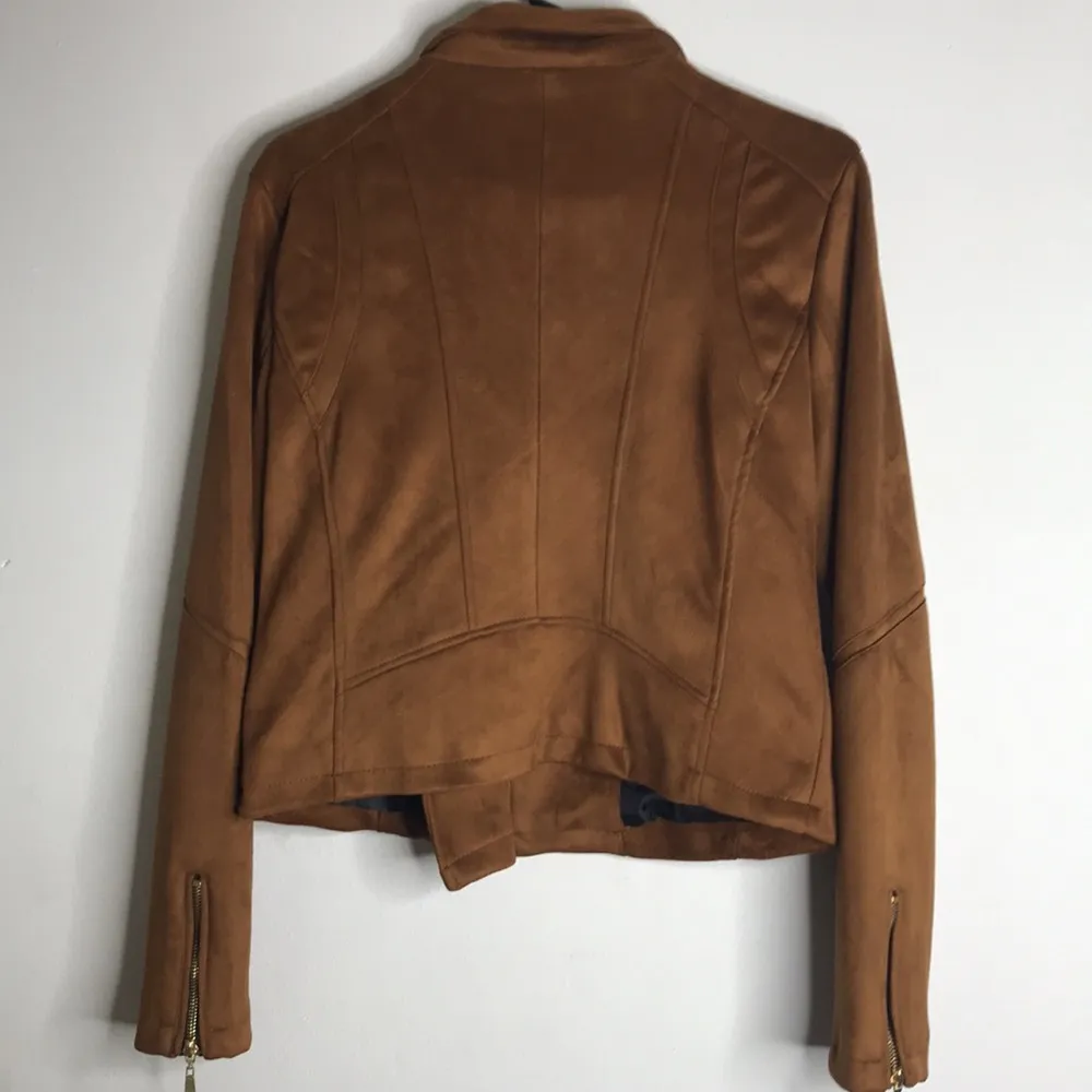 Jou Jou Faux Suede Tan Brown Zip Up Moto Jacket size large - Image 10