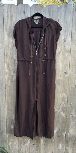 SHERRY TAYLOR Brown Ramie Rayon belt Slit Zip Hooded Dress Size Large Fall Size 14 - Image 1