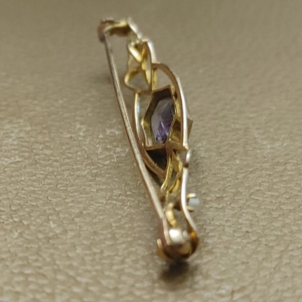 10K Yellow Gold Antique Brooch Purple Crystal Glass Stone Seed Pearls Size 2 - Image 8