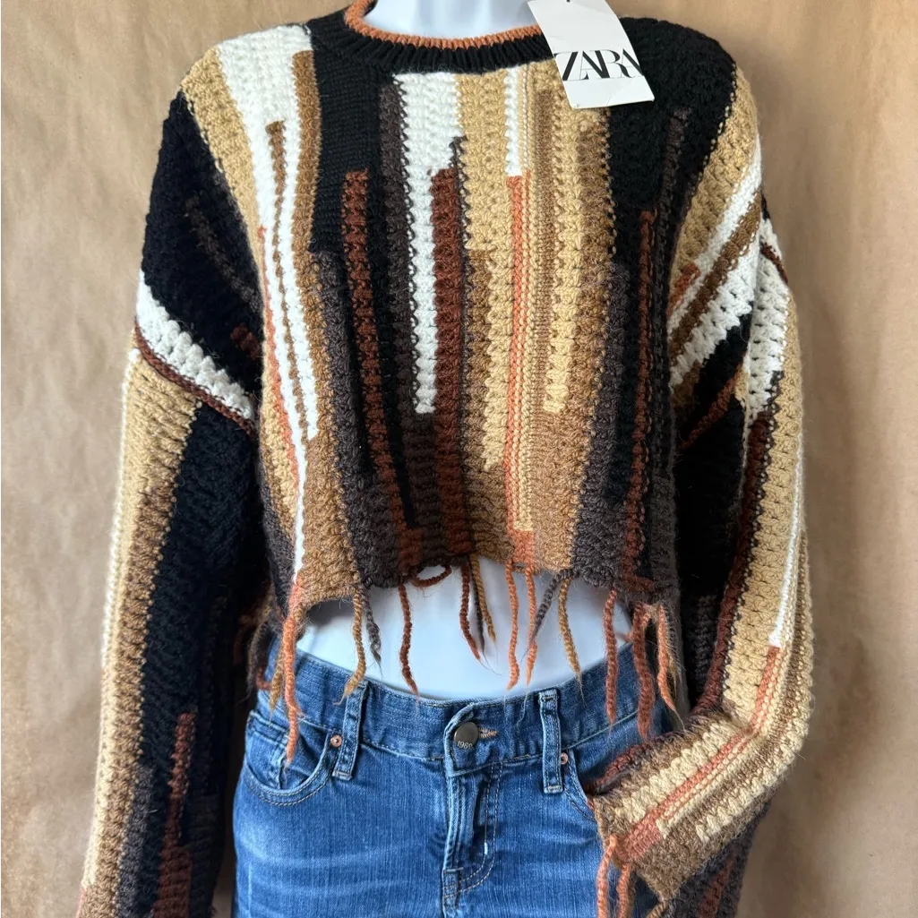 Zara Black and Brown Striped Crew Neck Sweater - Image 5