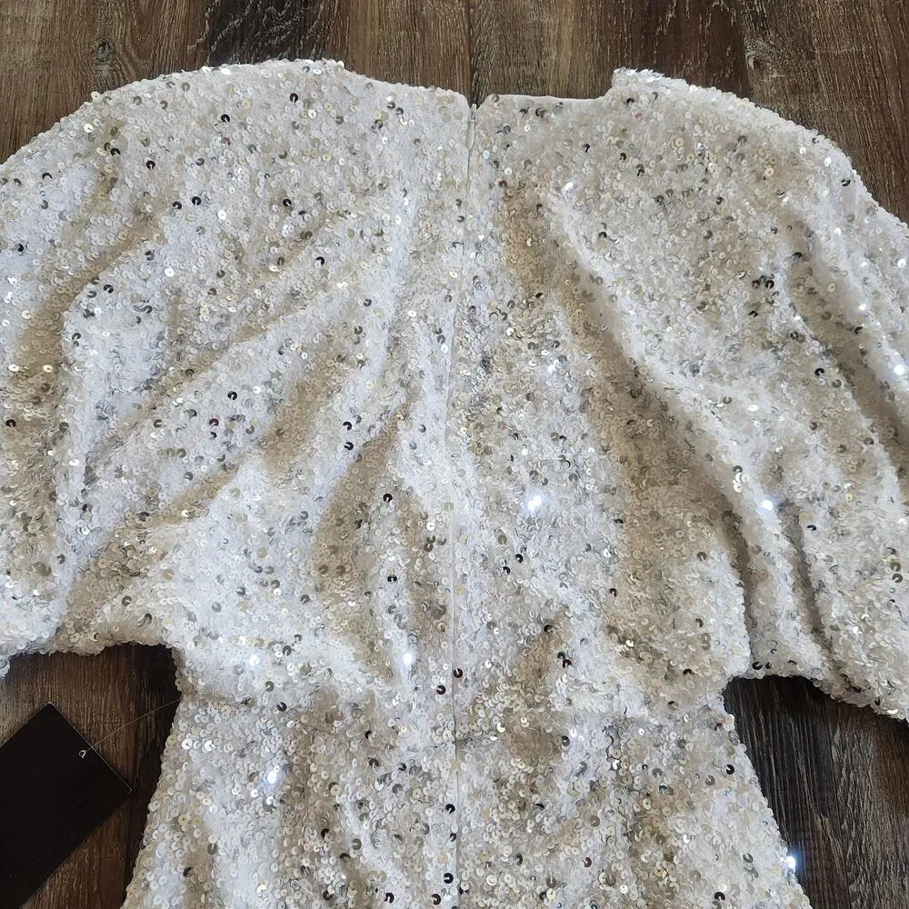 Retrofete Camille Sequin Chiffon Dress V Neck Long Sleeve Maxi White Size XS NWT - Image 7